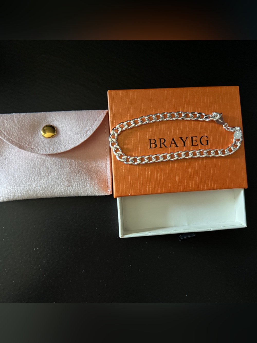 Italian Silver Curb Chain Bracelet with Pouch